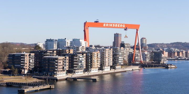 Gothenburg / Sweden, Mar 21, 2025: Eriksberg Crane and waterfront apartments