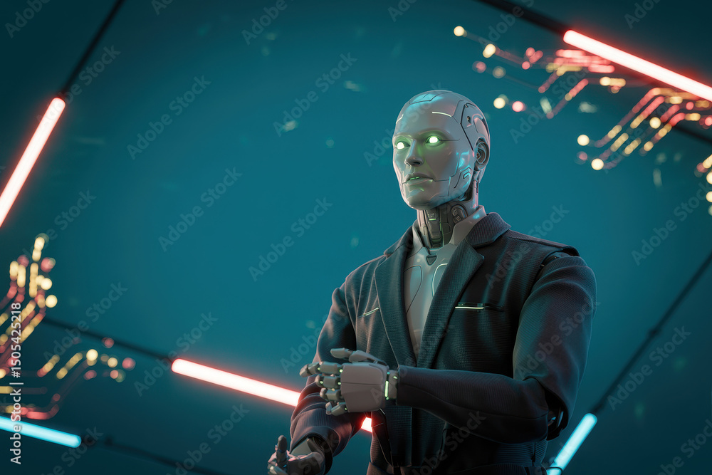 Poster futuristic robot with neon accents surrounded by circuitry in a high-tech environment