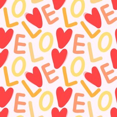Seamless pattern with colorful LOVE letters and red hearts. Fun and romantic hand-drawn design, perfect for Valentine’s Day, gifts, wrapping paper, or digital art.