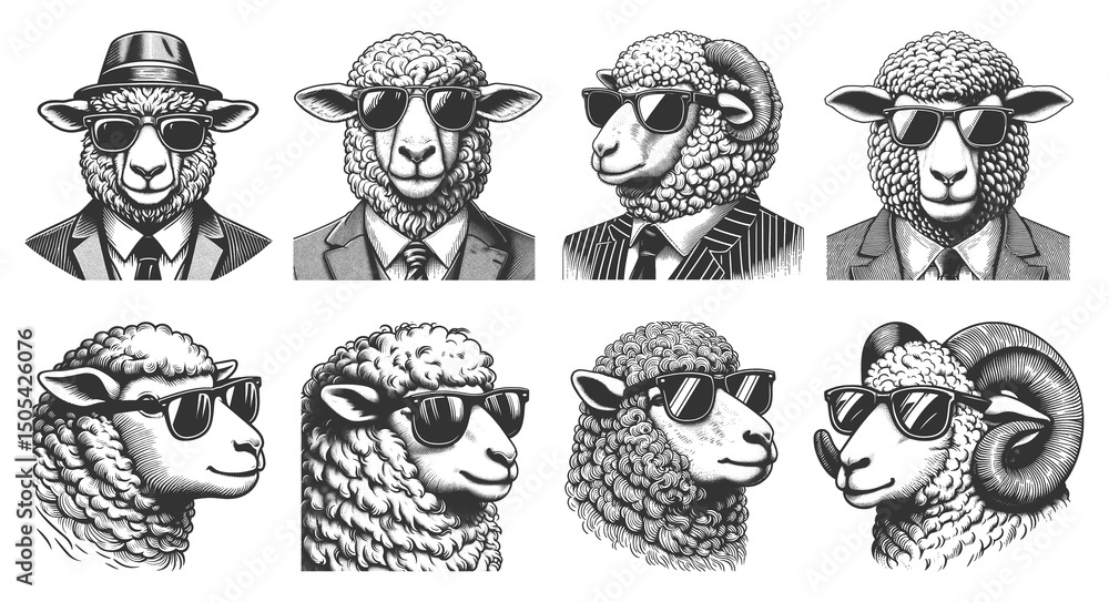 Poster sheep and rams wearing sunglasses and suits set collection bundle sketch engraving generative ai ras