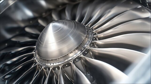 Close-up view of a shiny, metallic jet engine turbine with curved blades and intricate details.