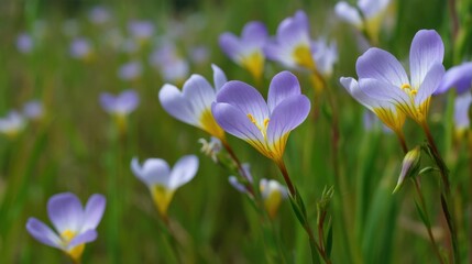 Delicate purple wildflowers bloom in a lush green meadow, creating a serene and vibrant springtime scene.