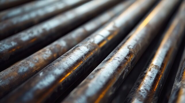 Close up of parallel metal rods with a worn and textured surface under soft lighting conditions