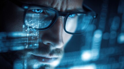 A focused man with glasses analyzes digital data on a futuristic interface, illuminated by blue light.