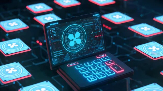 Futuristic laptop displaying data analysis in a high-tech environment with glowing circuit patterns