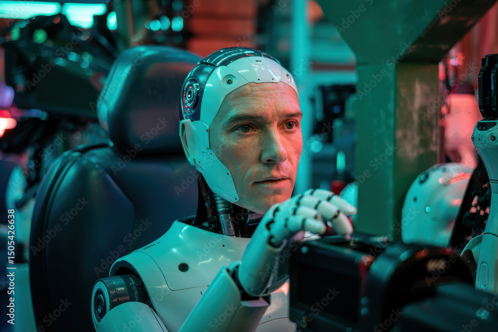Poster pensive robot contemplating technology in neon glow amidst futuristic workshop setting