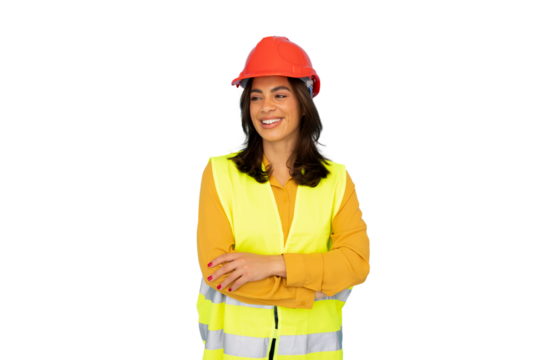 Professional female engineer wearing safety vest, hardhat, smiling confidently while glancing sideways against transparent background, embodying workplace safety expertise