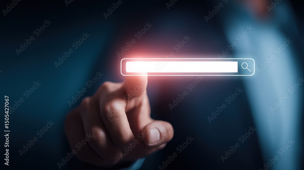 Poster a person is touching a glowing search bar on a screen, symbolizing online searching and digital inte