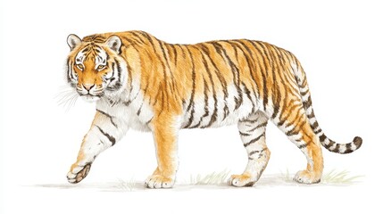 Obraz premium A majestic tiger walks gracefully with its orange fur in artistic drawing.