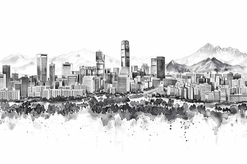 Black and white sketch of Seoul skyline with skyscrapers, mountains and urban park trees