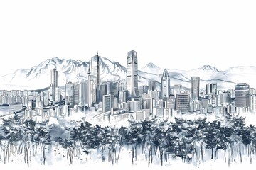 Black and white sketch of Seoul skyline with skyscrapers, mountains and urban park trees