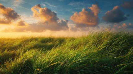A golden sunset shines over a lush, windswept grassy field under dramatic clouds and a vibrant blue sky.