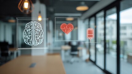 Digital icons of a brain, heart, and IV bag float over a modern office background, representing healthcare technology and innovation.