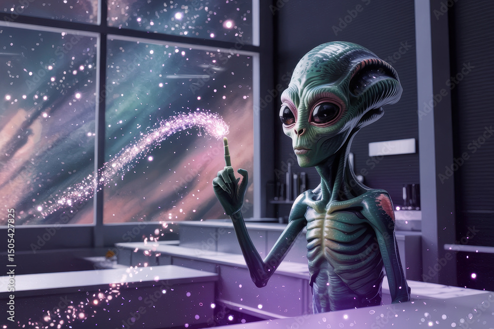 Poster curious alien scientist conducting experiment in futuristic lab with celestial view through large wi