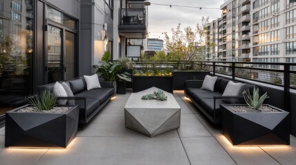 Naklejka premium Modern patio furniture arrangement on a rooftop terrace.