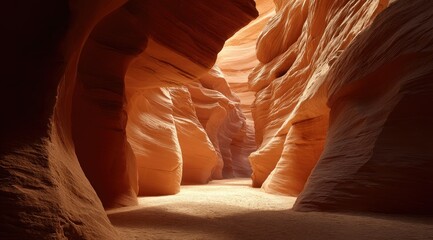 Sunlit sandstone canyon interior, showcasing smooth, sculpted walls and a sandy floor, with light streaming from the narrow opening