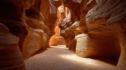Sunlit sandstone canyon pathway, exhibiting sculpted, swirling walls and a sandy floor, leading deeper into a narrow, naturally formed passage.  Light streams from an opening above