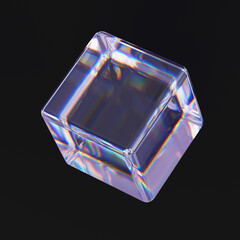 3d Glass transparent cube shape on dark background, futuristic modern banner design, stylized geometric illustration