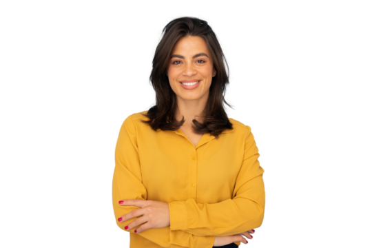 Professional businesswoman posing confidently, arms crossed, smiling in studio portrait against transparent background