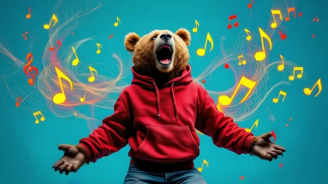 A brown bear wearing a red hoodie sings with musical notes swirling around on a teal background