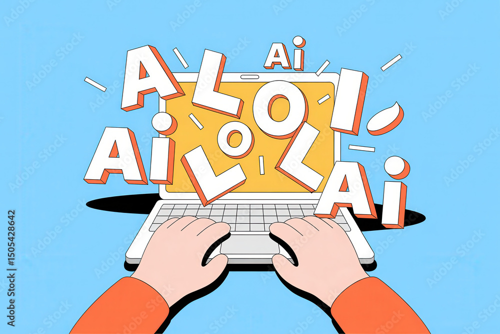 Poster playful interaction with ai on a laptop with colorful typography in a bright blue setting