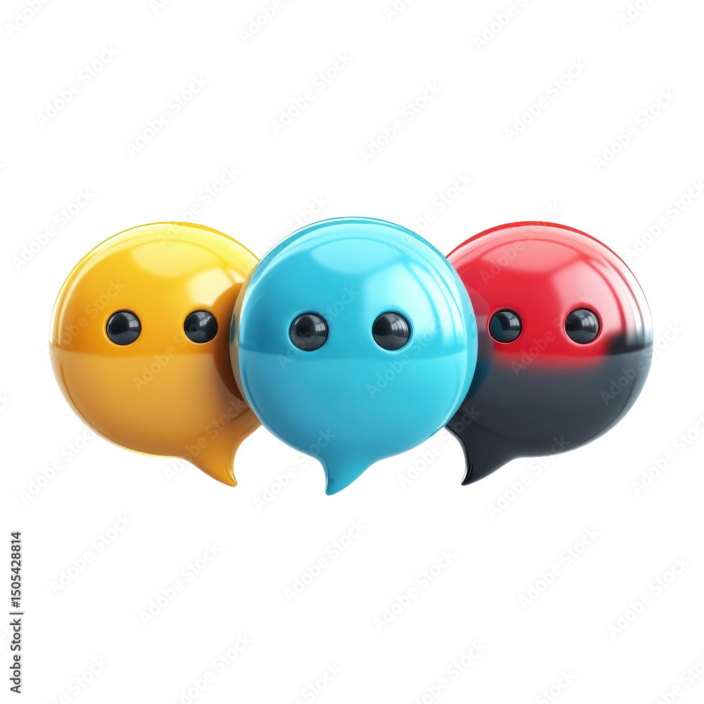 Poster playful speech bubble characters sharing secrets with bold colors and a on transparent background