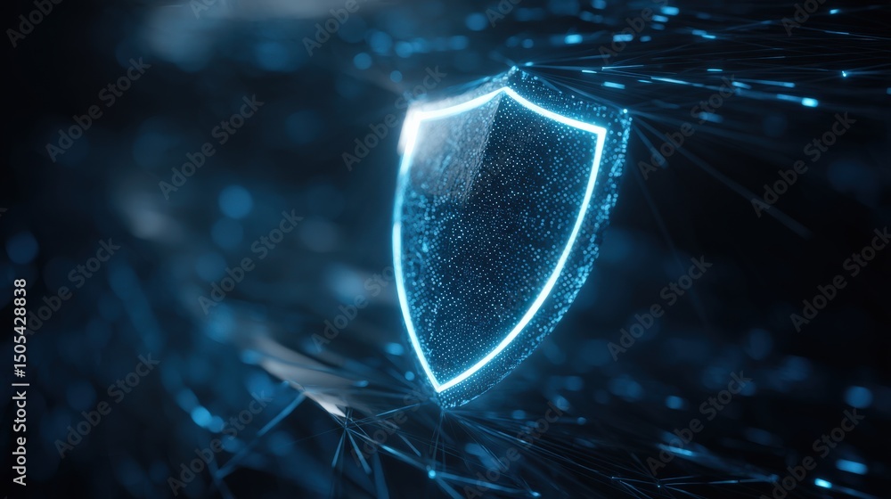 Poster glowing digital shield symbolizing cybersecurity and data protection in a futuristic, high-tech envi