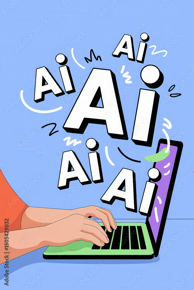 Poster creative individual engaged in ai development with colorful text elements on bright blue background