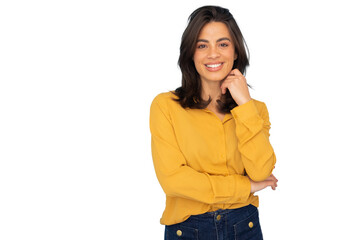 Cheerful latina professional portrait showcasing young woman with long brown hair, yellow shirt,...