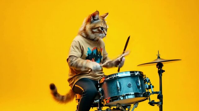 A cat wearing a t-shirt and pants plays the drums with drumsticks on a yellow background