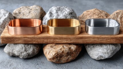 Fototapeta premium Metal bowls on wooden plank