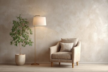 A beige armchair with a patterned cushion sits beside a floor lamp and potted plant against a textured beige wall, all on light wood flooring