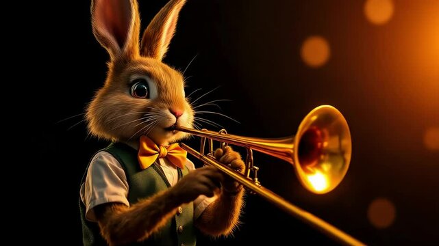 A dapper rabbit with a yellow bow tie plays a gleaming trombone against a dark, warmly lit background