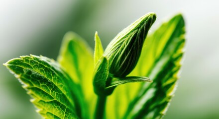 Close-up of a green plant bud emerging from fresh leaves