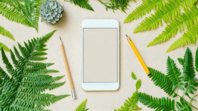 A smartphone and pencils surrounded by fresh greenery.