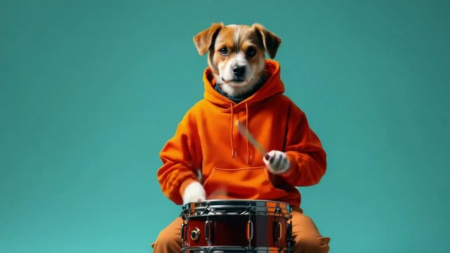 A dog wearing an orange hoodie plays a snare drum with drumsticks against a turquoise backdrop