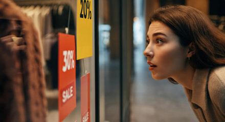 Woman looking at sale signs in a store window with excitement