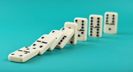A line of dominoes falling in a chain reaction on a turquoise background