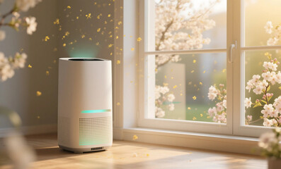 Modern Air Purifier Near Window with Floating Pollen Particles and Cherry Blossoms During Spring Season