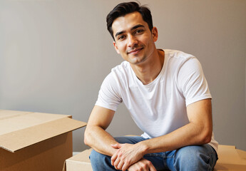 Young Man Sitting on Cardboard Box During Moving Process