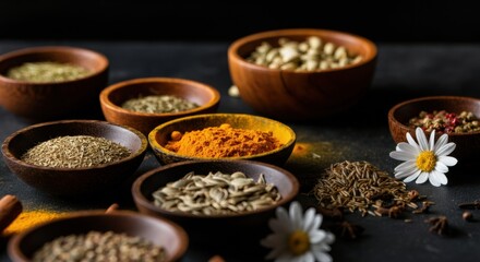 Assorted spices in wooden bowls with flowers on a dark background