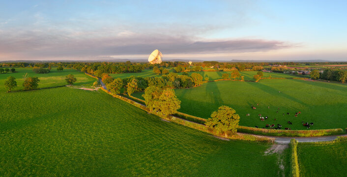 Panoramic aerial image of green landscape of British countryside with a white radio telescope dish and Cows grazing on a fields. 