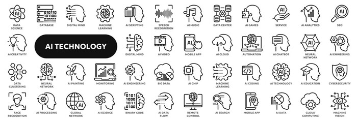 Set of vector line icons related to artificial intelligence, machine learning, data science and analytics. Symbols for website or app UI, logo design, illustration