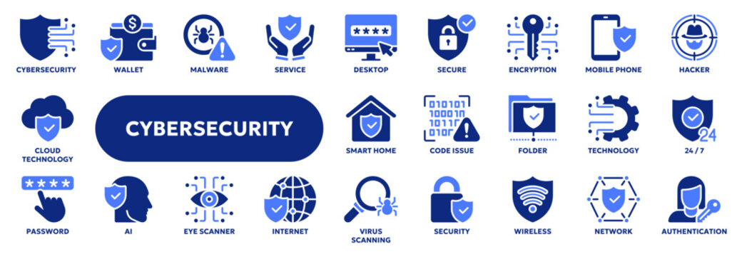 Set of vector solid icons related to cybersecurity, information protection, data safety. Symbols for website or app UI, logo design, illustration