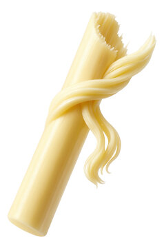 A piece of string cheese with a peeled end showing its fibrous, shredded texture.