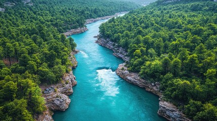 Aerial View of a Serene River Winding Through a Lush Green Forest