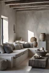 Rustic modern living room with neutral tones and natural elements.