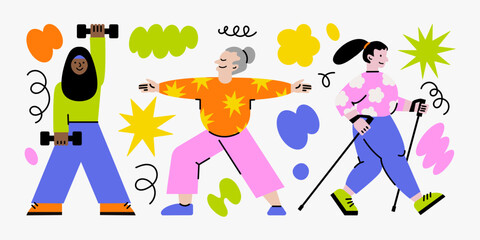 Vector collection with woman who are engaged in different activities for health. Cute illustration of people doing physical exercises. Lifestyle for mental and physical wellness