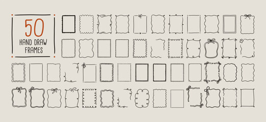 Set of whimsical hand-drawn frames with wavy squiggle curly ribbons in trendy, vintage styles. Vector playful border frames for trendy invitations, cards