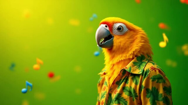 A vibrant yellow parrot, adorned in a tropical shirt, against a lively green backdrop with floating musical notes